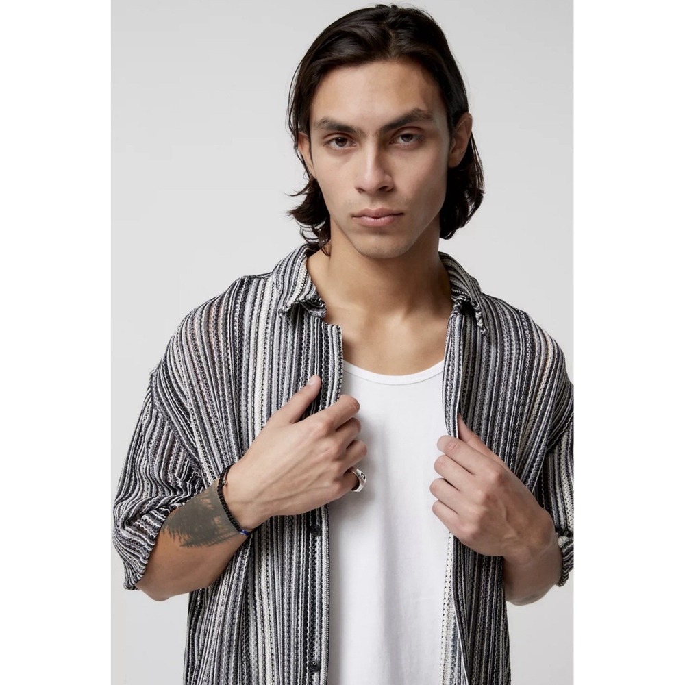 Urban Outfitters BDG Eli Striped Lace Shirt Men's S Open Knit Polo Cardigan Top